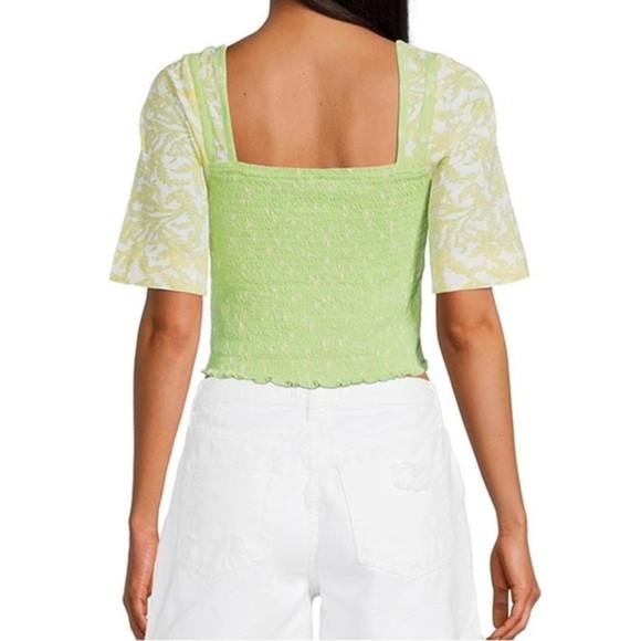 NWT free people Square Neck Contrast Short Sleeve Floral Print Smocked Top - Picture 2 of 7